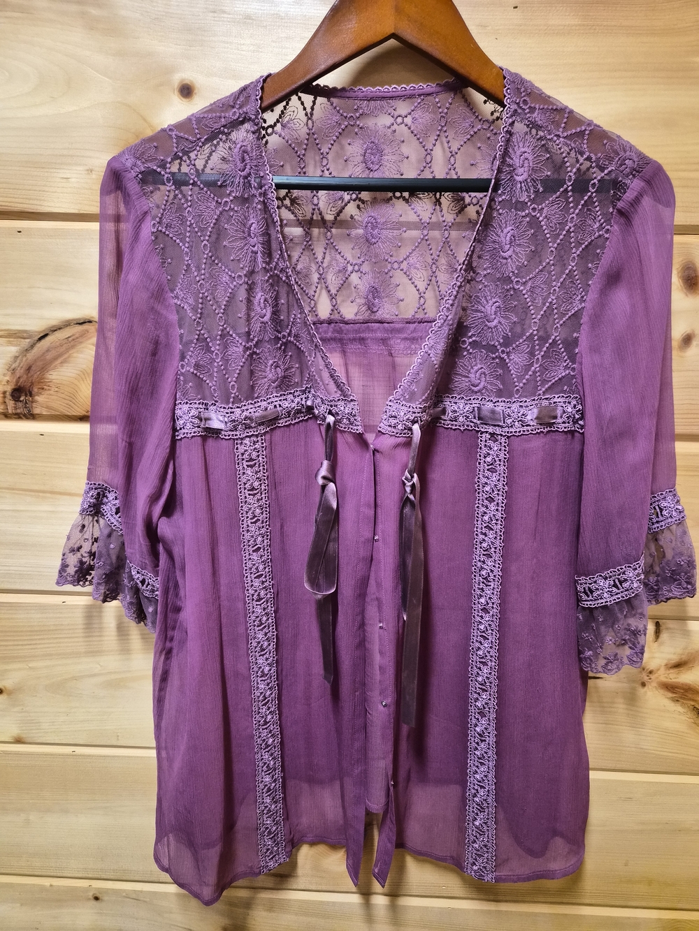 Women's Purple Lace Trim Sheer Tie-Front Top With Snap Closure